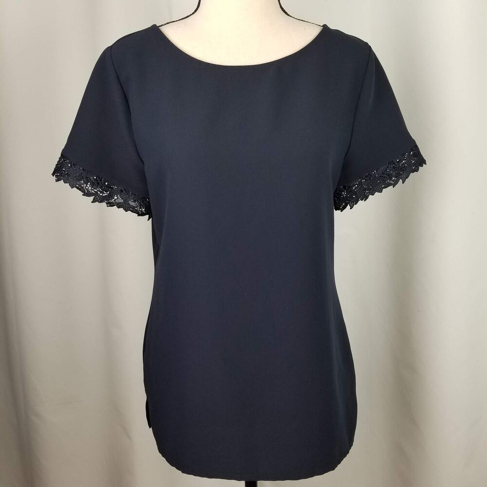 Ann Taylor Women Navy Embroidered Sleeve  Blouse - Size Small